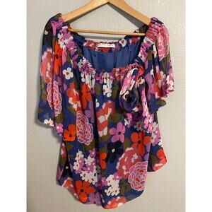 Trina Turk Blouse Womens Medium Blue Pink Floral Silk Off Shoulder Top READ